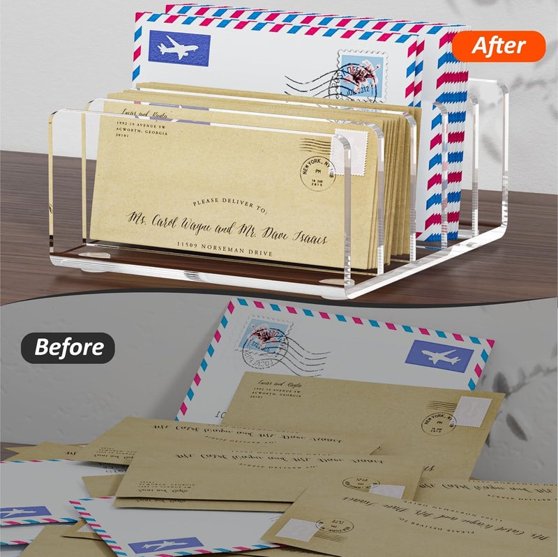 FUCDTEFC Desk Mail Organizer, 5 Section Clear Acrylic File Holder Letter Organizer, Vertical Lightweight Modern Envelope Holder Desk Accessories & Workspace Organizers for Office, Home, School - Image 5
